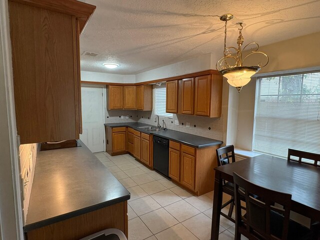 kitchen with an inviting chandelier, backsplash, decorative light fixtures, dishwasher, and sink