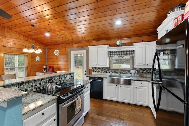 kitchen featuring black appliances, white cabinets, wood ceiling, and lofted ceiling