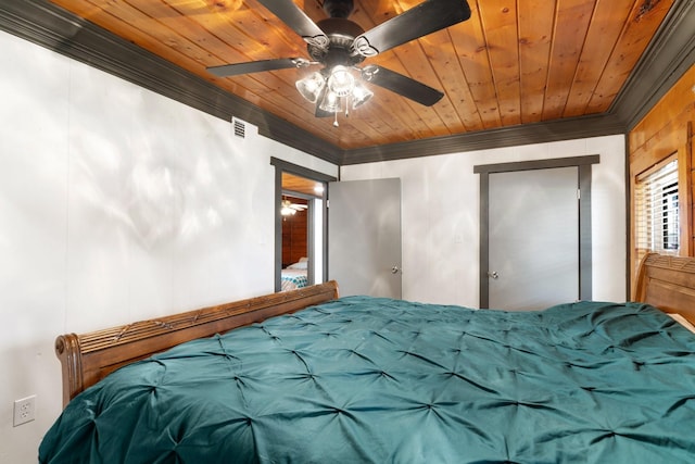 bedroom featuring ceiling fan, ornamental molding, and wooden ceiling