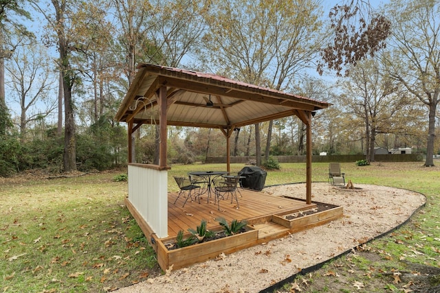 exterior space with a gazebo, a deck, and a grill