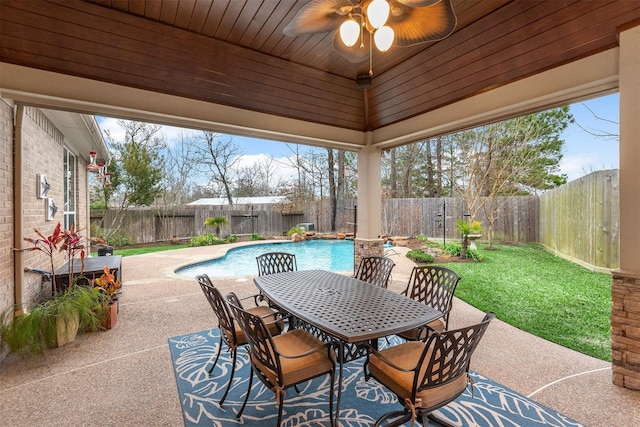 view of patio with a fenced in pool and ceiling fan