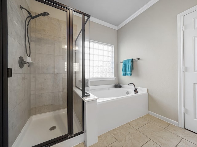 bathroom featuring tile patterned floors, ornamental molding, and plus walk in shower