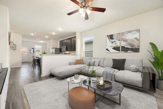 living room with ceiling fan, dark hardwood / wood-style flooring, and plenty of natural light