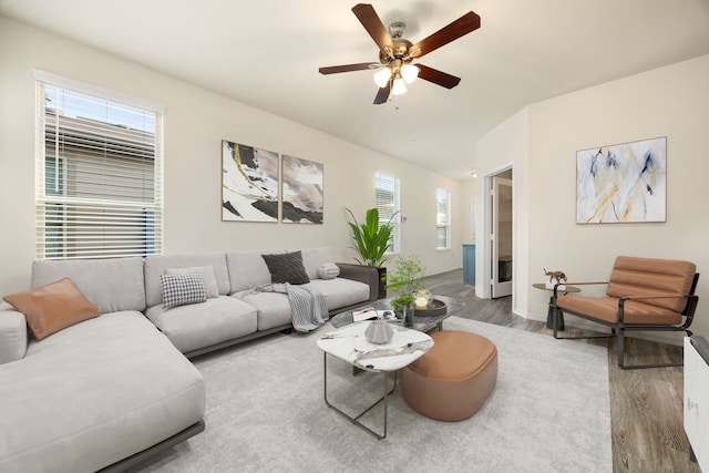 living room featuring ceiling fan and wood-type flooring