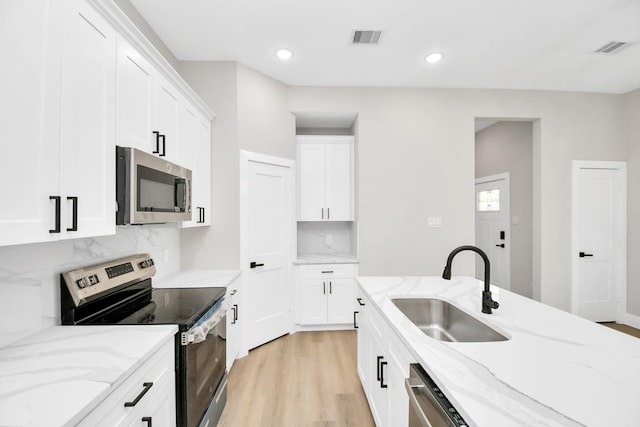 kitchen featuring stainless steel appliances, decorative backsplash, white cabinets, and sink