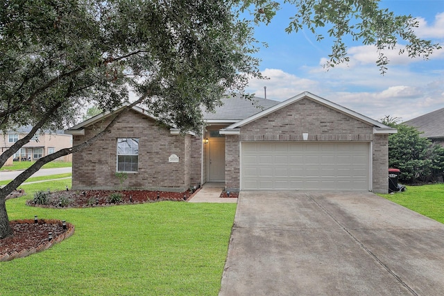 ranch-style house with a garage and a front yard