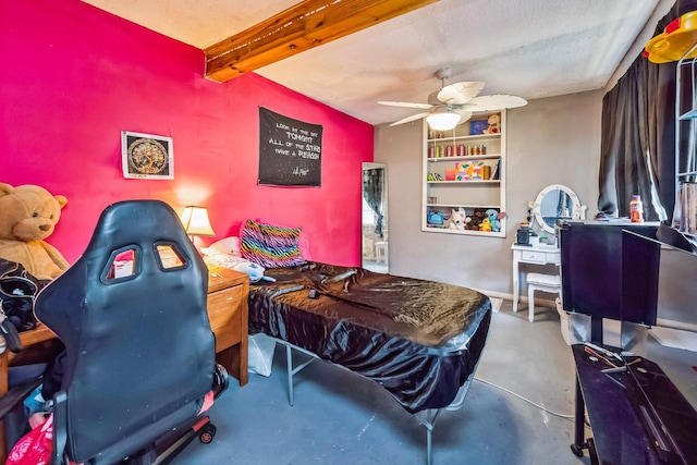 bedroom with billiards, beam ceiling, concrete flooring, and ceiling fan