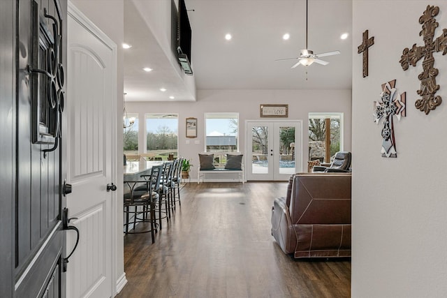 entryway featuring ceiling fan, dark wood-type flooring, and french doors