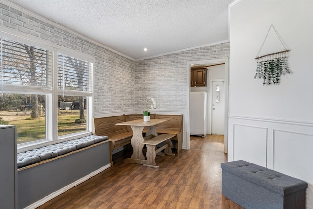 dining room with lofted ceiling, plenty of natural light, brick wall, and a textured ceiling