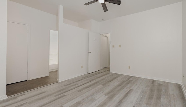 unfurnished bedroom with light wood-type flooring and ceiling fan