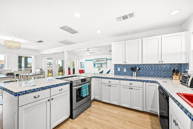 kitchen featuring electric stove, kitchen peninsula, dishwasher, and white cabinetry