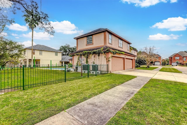 view of front of property featuring stucco siding, concrete driveway, an attached garage, fence, and a front lawn