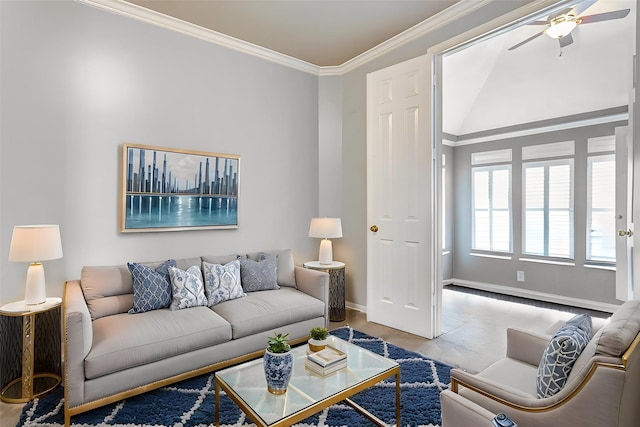 living room with a ceiling fan, crown molding, and baseboards