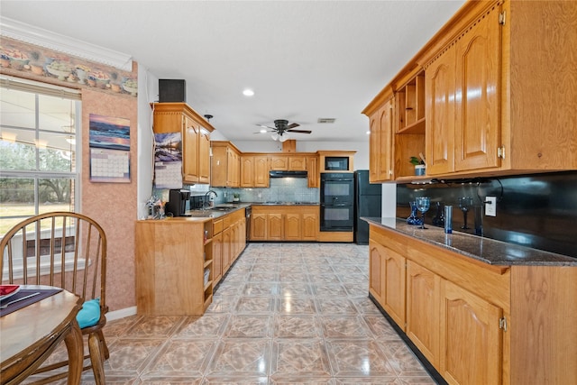 kitchen featuring ceiling fan, black appliances, decorative backsplash, sink, and crown molding