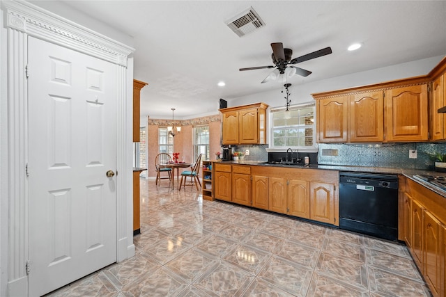 kitchen featuring pendant lighting, decorative backsplash, sink, black dishwasher, and ceiling fan with notable chandelier