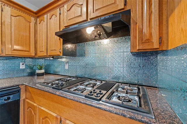 kitchen with stainless steel gas cooktop, black dishwasher, and tasteful backsplash