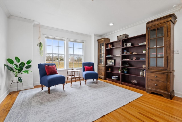 living area featuring light hardwood / wood-style floors and ornamental molding