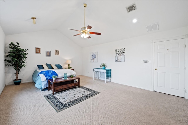 bedroom featuring ceiling fan, light colored carpet, and vaulted ceiling