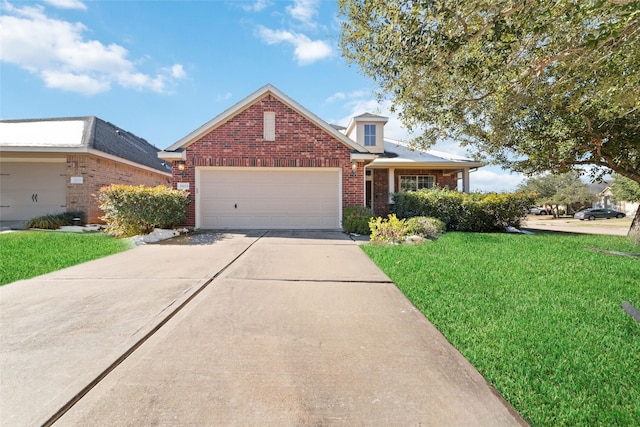 front facade with a garage and a front lawn