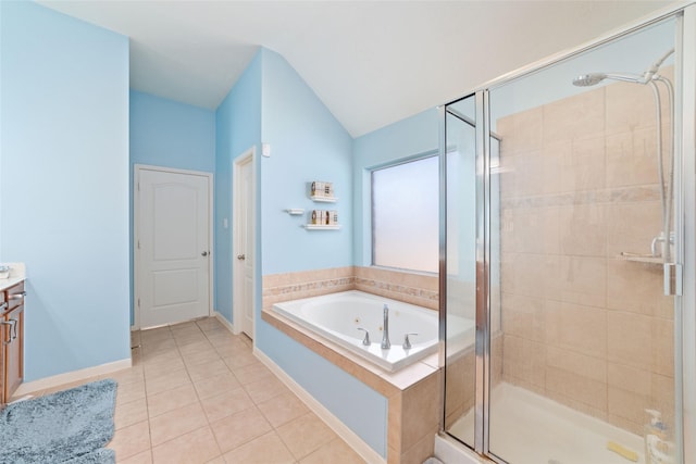 bathroom with lofted ceiling, vanity, separate shower and tub, and tile patterned flooring