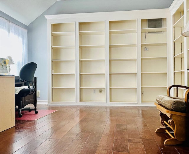 office area featuring vaulted ceiling and hardwood / wood-style floors