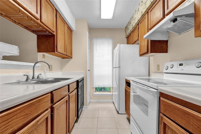 kitchen featuring light tile patterned floors, white range with electric stovetop, dishwasher, a textured ceiling, and sink