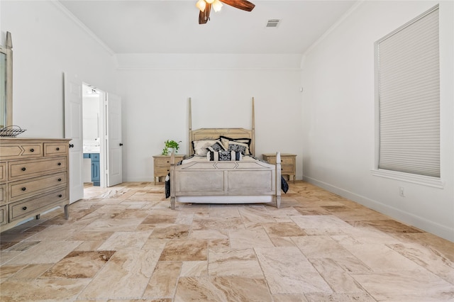 bedroom featuring ceiling fan, ornamental molding, and connected bathroom