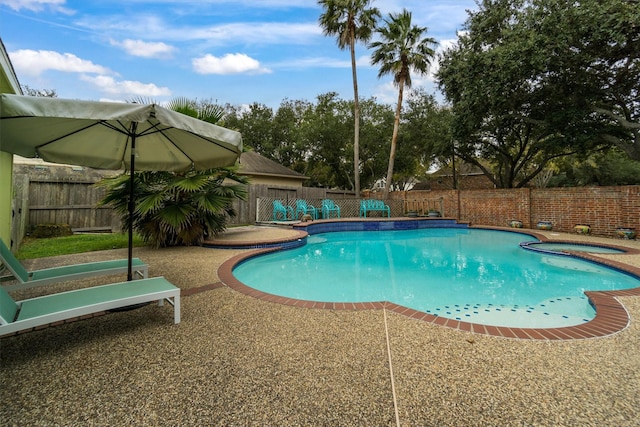 view of swimming pool with a patio and an in ground hot tub