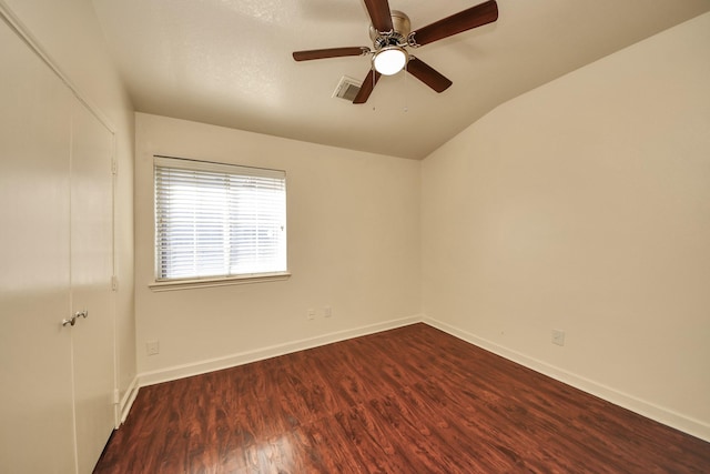 unfurnished room featuring vaulted ceiling, ceiling fan, and wood-type flooring