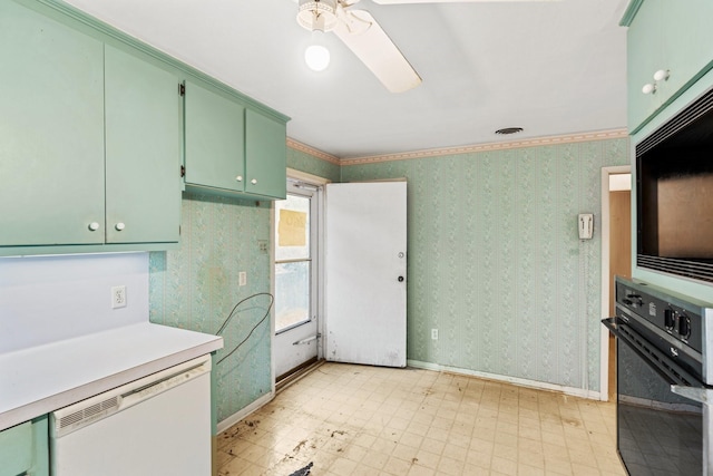 kitchen featuring black appliances, ceiling fan, crown molding, and green cabinetry