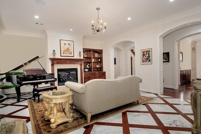 living room featuring a notable chandelier and crown molding