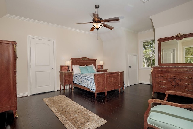 bedroom with ceiling fan, dark hardwood / wood-style floors, and ornamental molding