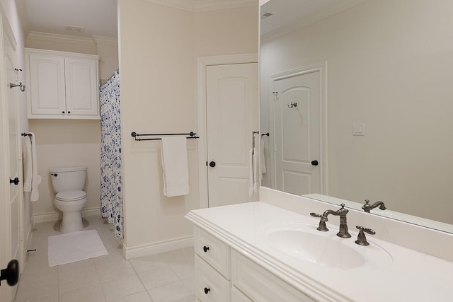 bathroom featuring tile patterned flooring, crown molding, vanity, and curtained shower