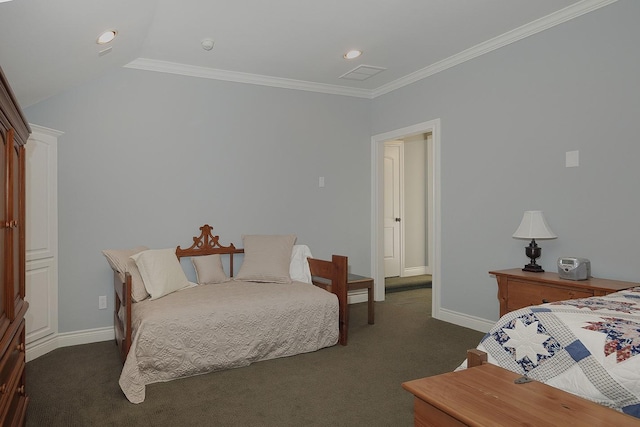 carpeted bedroom featuring lofted ceiling and crown molding