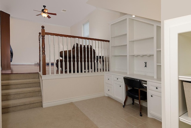 office area featuring built in desk and ceiling fan