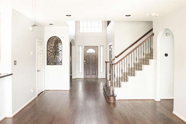 foyer entrance with a high ceiling and dark hardwood / wood-style flooring