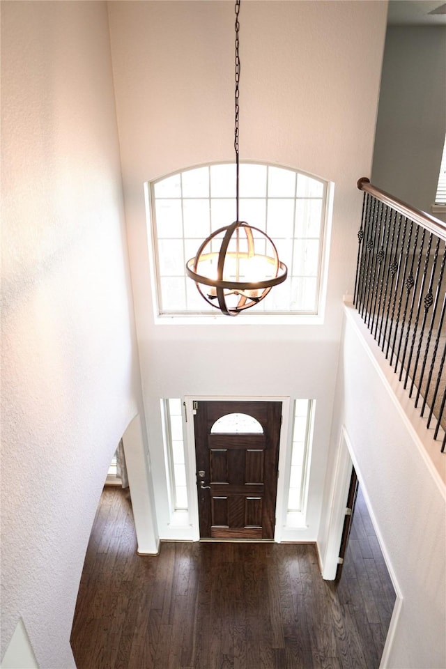 foyer entrance with hardwood / wood-style floors, a high ceiling, and a wealth of natural light