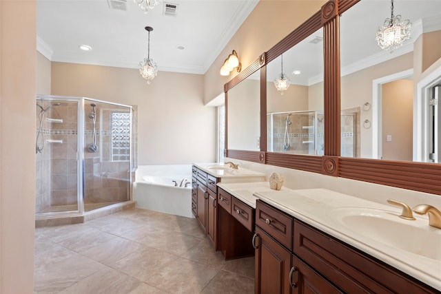 bathroom featuring independent shower and bath, crown molding, and a chandelier