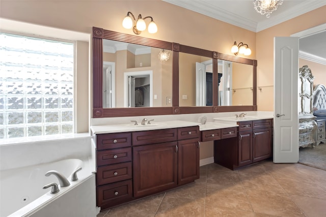 bathroom with vanity, a bathtub, an inviting chandelier, and ornamental molding