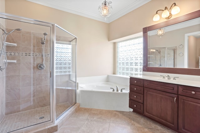 bathroom featuring tile patterned floors, vanity, crown molding, and plus walk in shower