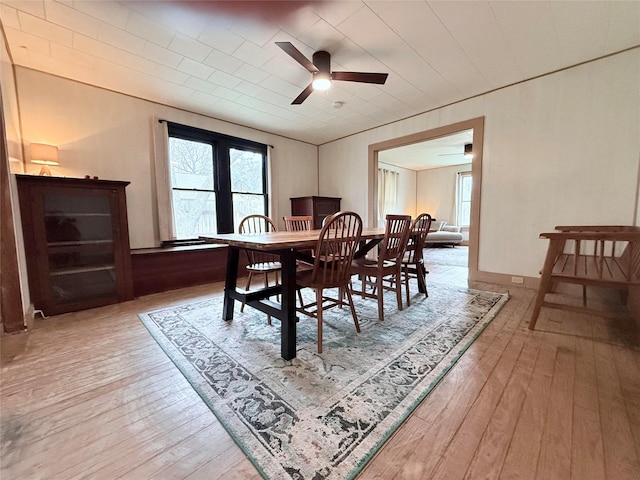 dining area featuring ceiling fan and light wood-type flooring