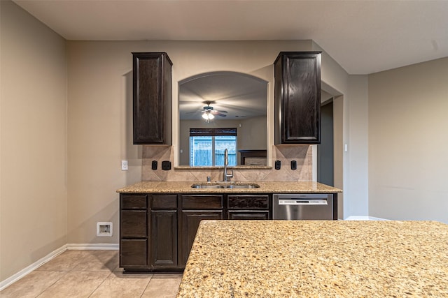 kitchen with decorative backsplash, sink, ceiling fan, light tile patterned floors, and stainless steel dishwasher