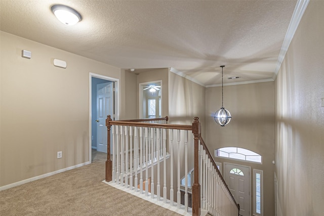 carpeted entrance foyer with a textured ceiling and ornamental molding