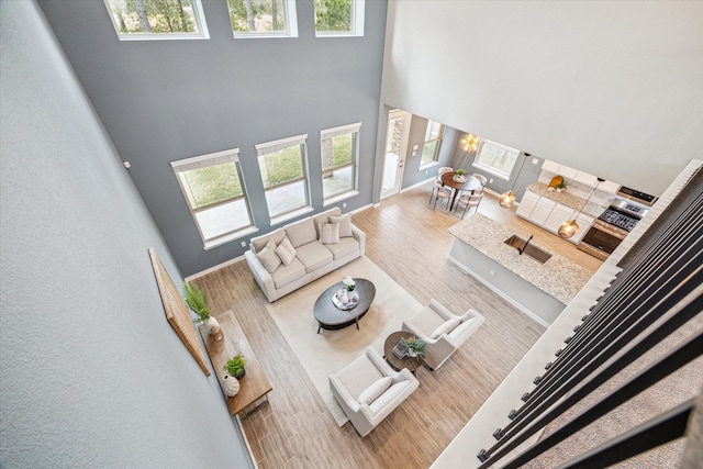 living room featuring sink, wood-type flooring, and a towering ceiling