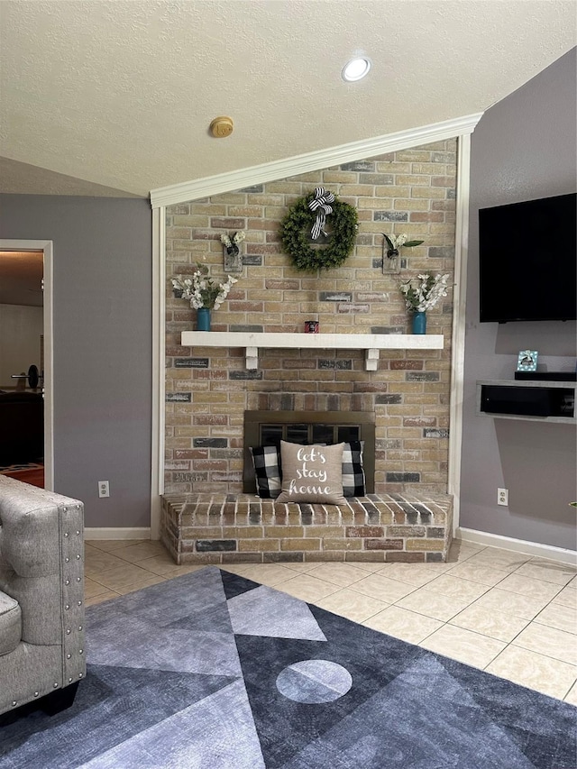 living room with tile patterned flooring, a textured ceiling, and vaulted ceiling