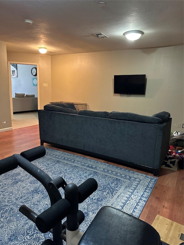 living room featuring hardwood / wood-style flooring and a textured ceiling