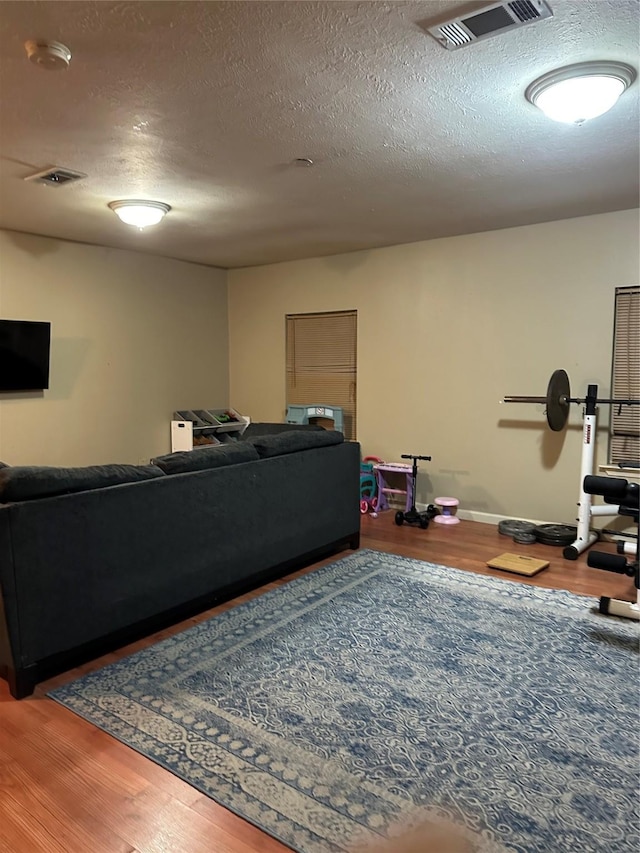 living room featuring wood-type flooring and a textured ceiling