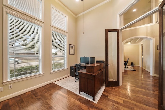 office featuring ornamental molding and hardwood / wood-style floors