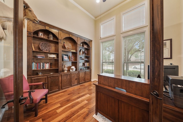 office area with hardwood / wood-style floors and ornamental molding