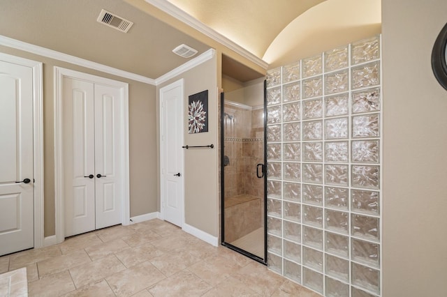 bathroom featuring an enclosed shower and lofted ceiling